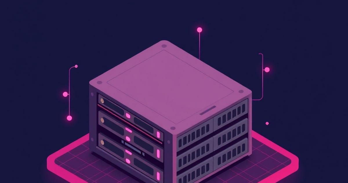 Flat isometric mauve NAS chassis, dark drive bays with pink status bars and vented side panels, on a glowing pink grid platform