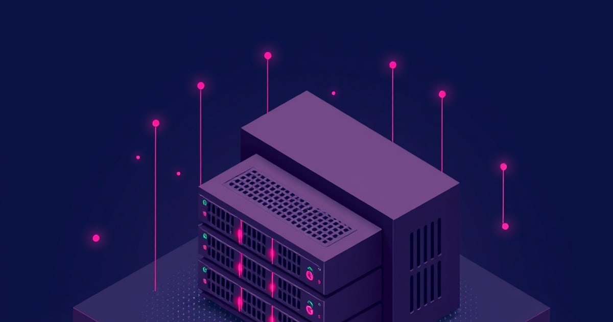 Flat isometric illustration of a purple server chassis with pink-lit drive bays stacked in front of a tall tower, under rising pink pin markers.