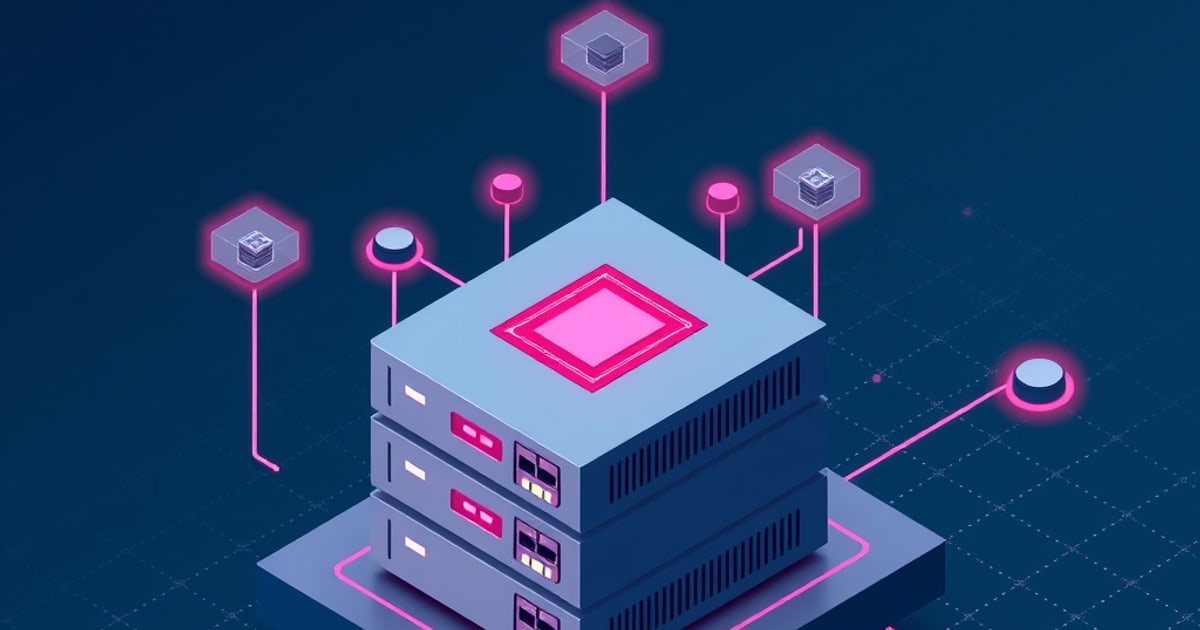 Flat isometric illustration of a stacked server unit with a glowing pink chip on top, wired by pink lines to floating hexagonal container icons.
