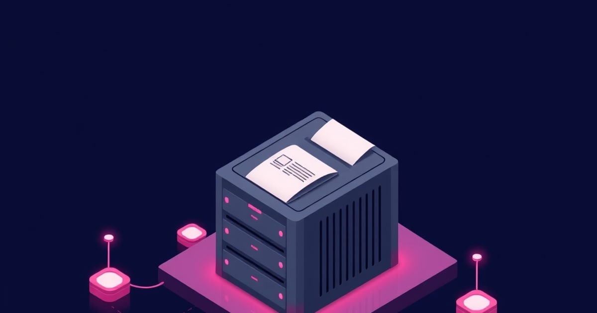 Flat isometric illustration of a dark printer sitting on stacked drive bays, feeding two sheets of ruled paper, ringed by glowing pink node pucks.