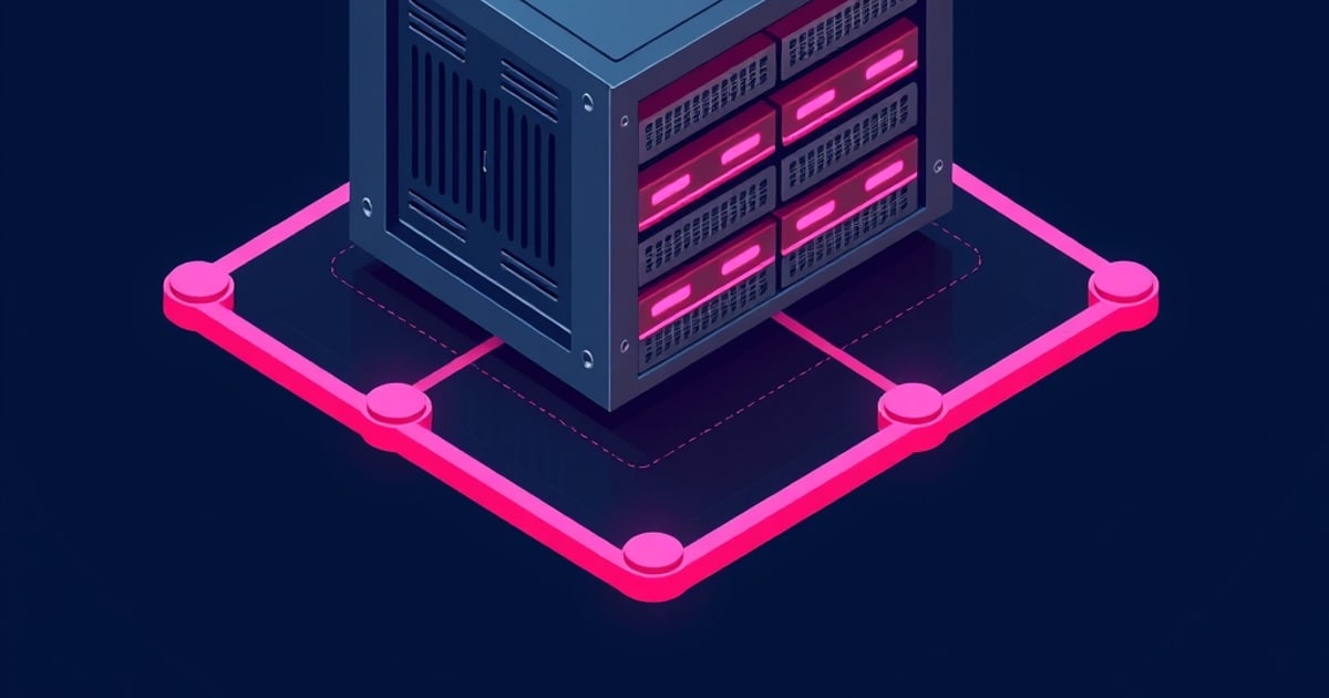 Isometric NAS server with glowing pink drive bays sitting on a neon pink circuit platform with connected nodes, evoking storage replication links