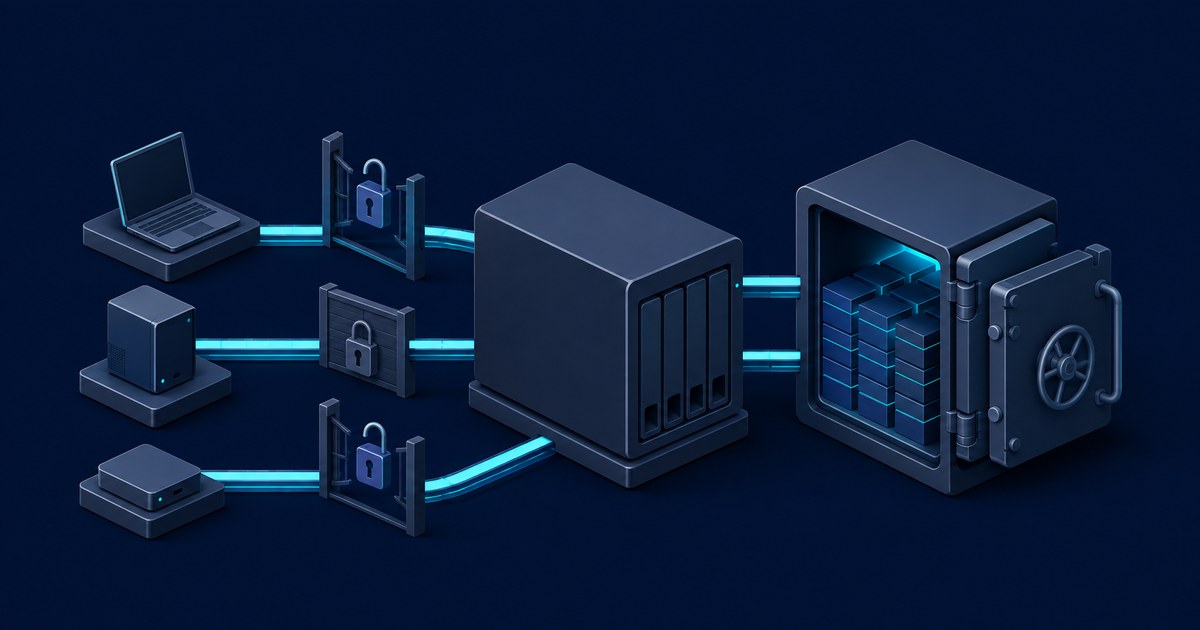 A laptop and two client devices connect via cyan lines and padlock gates to a NAS server and an open data vault in a dark 3D scene.
