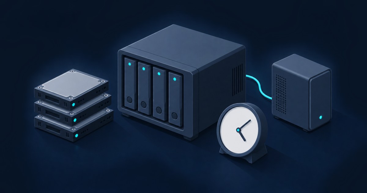 Four-bay home NAS with glowing drive lights beside a stack of hard drives, an analog clock for snapshot scheduling, and a cabled backup box on dark blue.